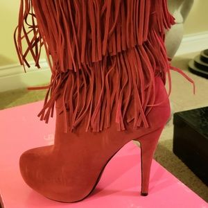 Red Suede Fringe Knee High Boot